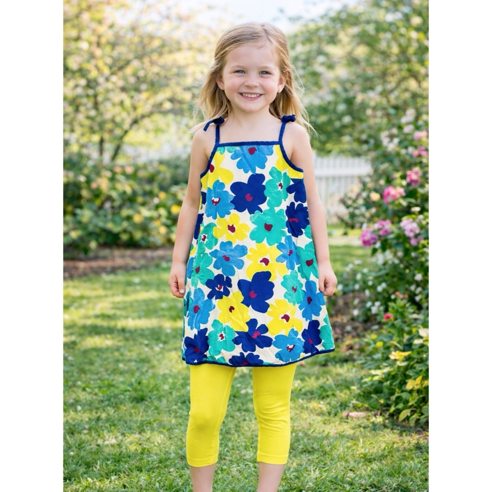 Hanna Andersson Blue & Green Floral Dress & Capri Leggings Outfit Girls 120 6/7